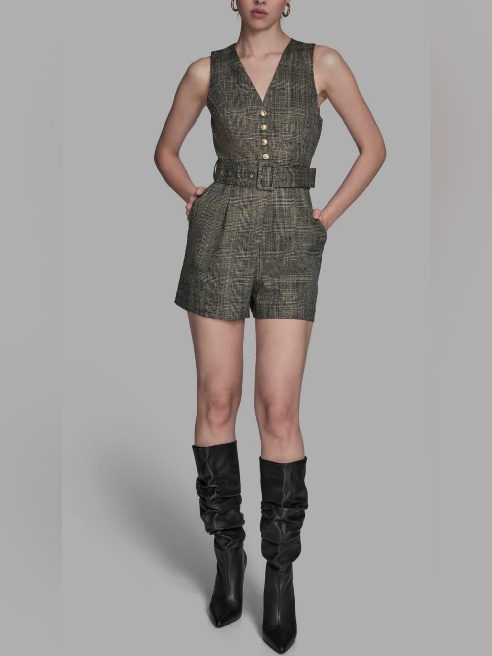 BCBG Women's Belted Tweed Romper